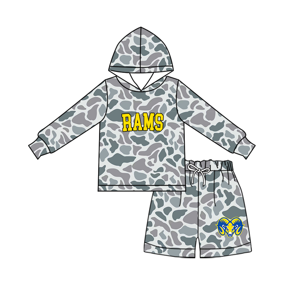 custom moq 5 mix size MSD072405 Baby Kids Grey Camo Long Sleeve Hoodie Top Camo Shorts Team Set