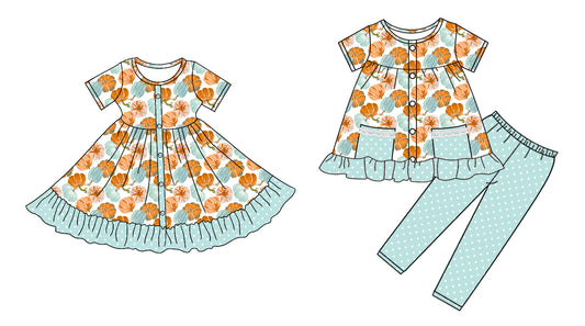 5.1 custom each style moq 5eta 4-6week Sibling Sister pumpkin baby girl pants sets and dress match family design