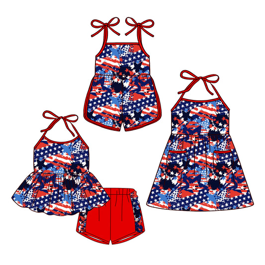 3.24  Custom moq 5 mix size Sibling Baby Girl's 4th of July Strap Top And Short Set Cute Romper Dress Summer Outfit