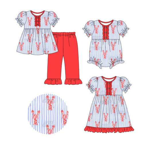25.9.14 custom each style moq 5eta 6-8week Sibling Sisters lobster baby girl short sleeve pants sets and dress and rompers match family design