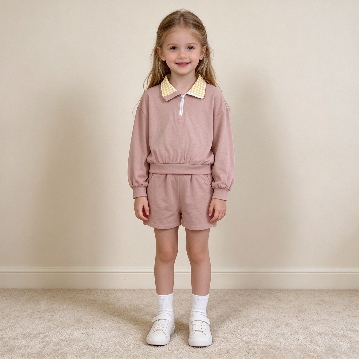 NEW RTS NO MOQ cotton GLS0227 Baby Girls Khaki Long Sleeve Zip Front Pullover Side Pockets Short Set
