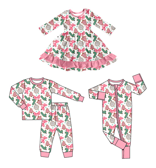 25.6.2 custom each style moq 5eta 4-6week Sibling Sisters Christmas trees bow pink baby girl long sleeve pants sets and dress and rompers match family design