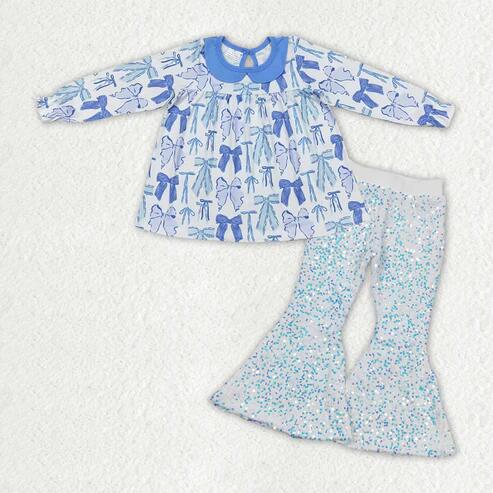 RTS NO MOQ Sibling Baby Girls Plaid Tunic with Bow Sequin Bell Bottom Pants Outfit Set