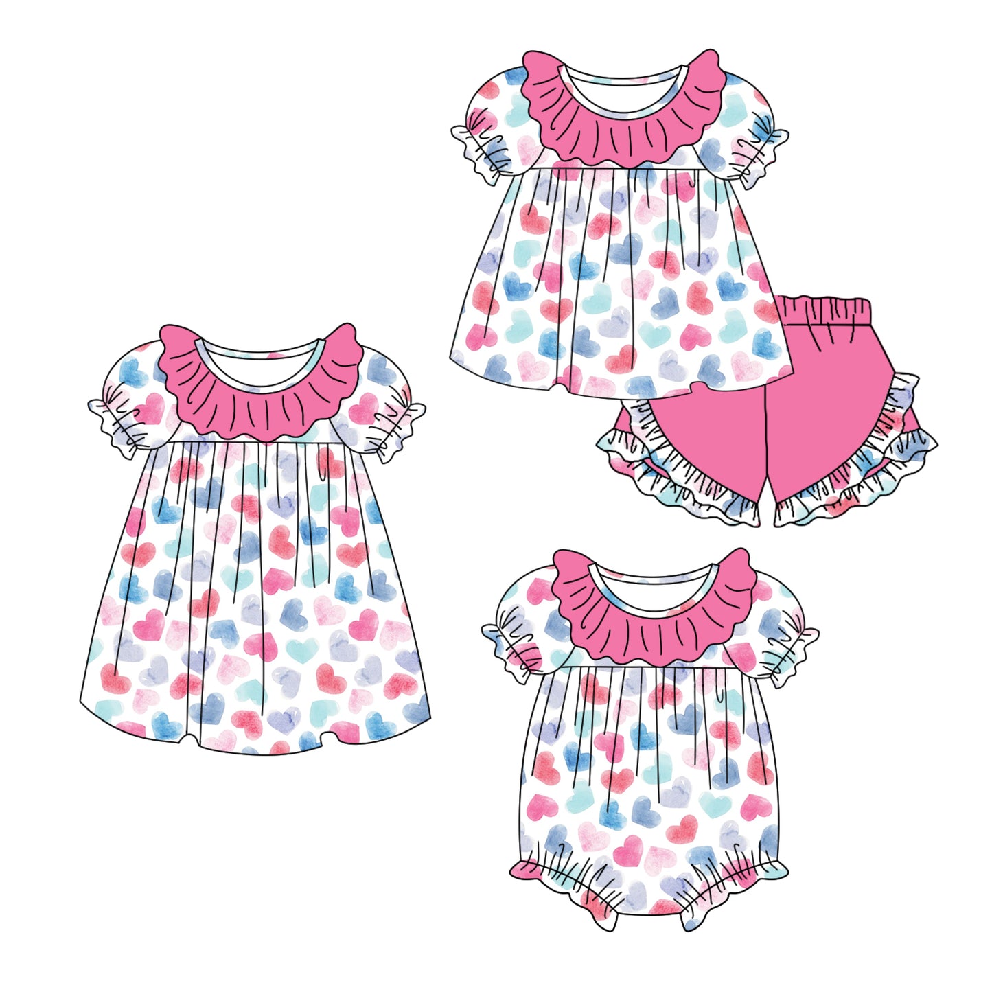 11.6 custom each style moq 5eta 4-6week Sibling Sister love pink baby girl short sleeve shorts sets and dress and rompers match family design