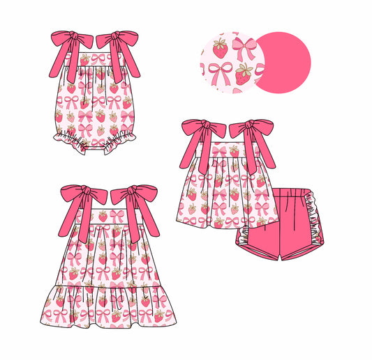 25.10.27 custom each style moq 5 eta 6-8week Sibling Sister strawberry bow baby short sleeve shorts sets and romper and dress match design