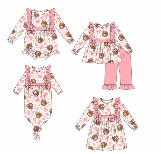 25.6.14 custom each style moq 5eta 4-6week Sibling Sisters bow love pink baby girl long sleeve pants sets and dress and rompers and nightgown match family design