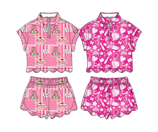 3.14 Custom moq 5 mix size Sibling Baby Girls Pink Zipper Top Short Scallop Clothes Sets