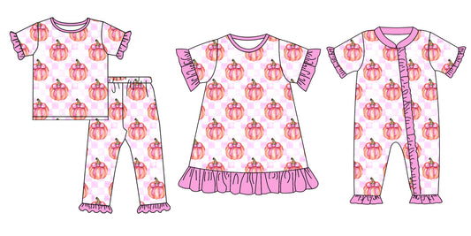4.26 custom each style moq 5eta 4-6week Sibling Sisters pumpkin baby girl short sleeve pants sets and dress and rompers match family design