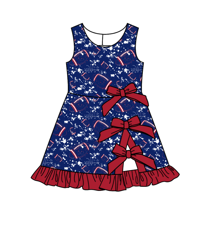 Custom moq 5 mix size milk silk summer teams Baby Girls Sleeveless Football Print Bow Ruffle Yoga Knee Length Dresses