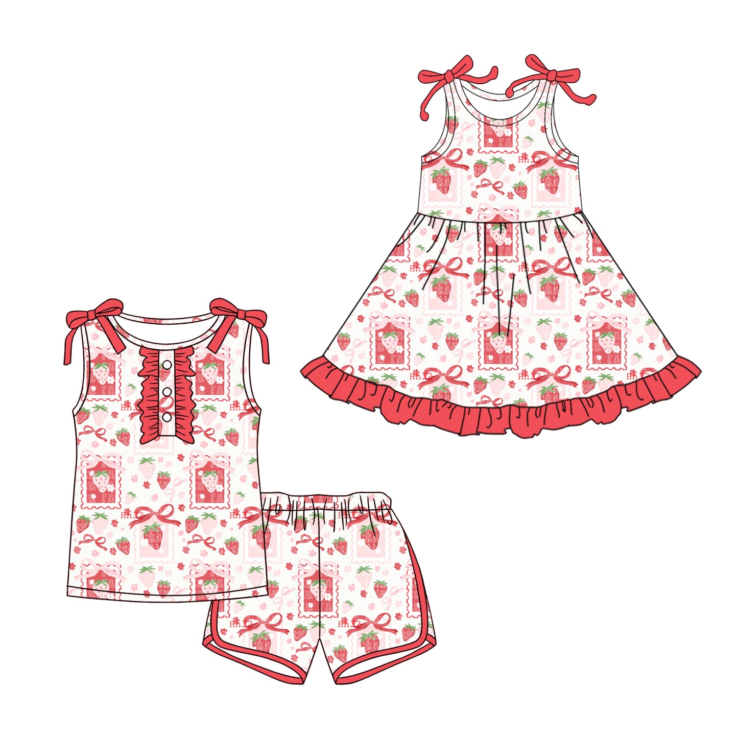 26.1.17 custom each style moq 5 eta 6-8week Sibling Sister strawberry bow baby short sleeve shorts sets and dress match design