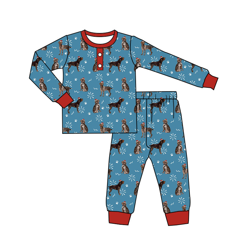 7.1 custom each style moq 5eta 4-6week Sibling Sister Christmas dog blue baby girls sets and dress and rompers match family design
