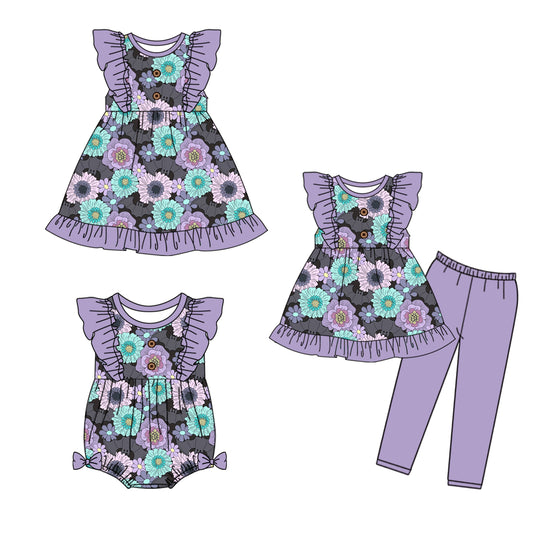 4.30 custom each style moq 5eta 4-6week Sibling Sisters floral baby girl short sleeve pants sets and dress and rompers match family design