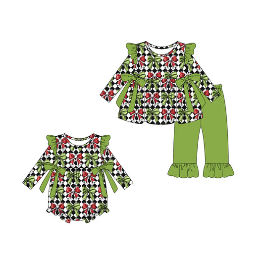 25.5.7 custom each style moq 5eta 4-6week Sibling Sisters Christmas bow green baby girl long sleeve pants sets and rompers match family design