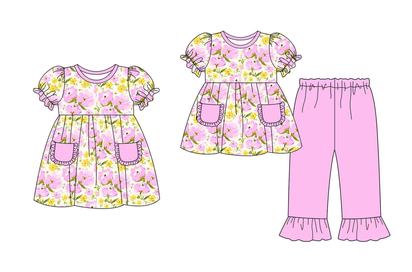 25.9.30 custom each style moq 8 eta 6-8week Sibling Sisters floral baby girl short sleeve pants sets and dress match family design
