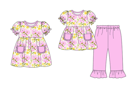 25.9.30 custom each style moq 8 eta 6-8week Sibling Sisters floral baby girl short sleeve pants sets and dress match family design