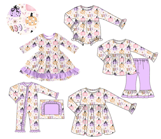 25.7.15 custom each style moq 5 eta 4-6week Sibling Sisters pumpkin baby girl long sleeve pants sets and romper 1 and romper 2 and dress 1 and dress 2 match family design