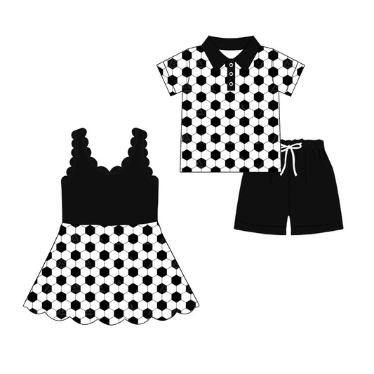 4.13 Custom moq 5 mix size Sibling Baby Boy's Short-Sleeved Polo Shirt And Black Shorts Set Girl's Sleeveless Scallop  Knee-Length Dress