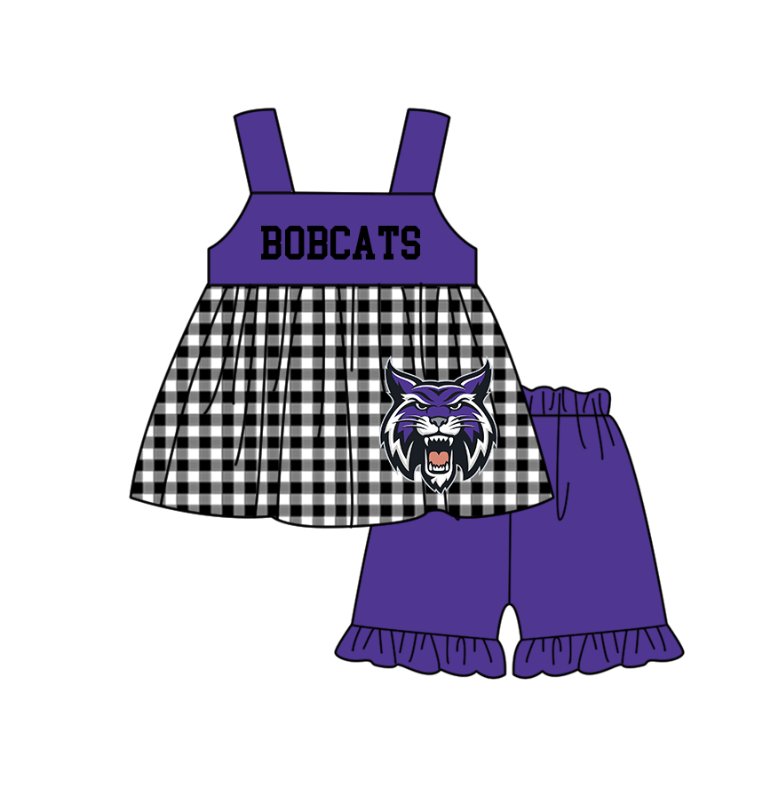 Custom moq 5 mix size milk silk summer teams baby girl boys clothes Purple Black and white checkered short sleeve shorts sets 3 and dress and rompers 2 series