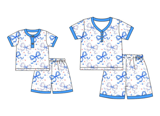 25.5.22 custom each style moq 5eta 4-6week Sibling Sister bow stars blue short sleeve shorts sets and adult sets match design