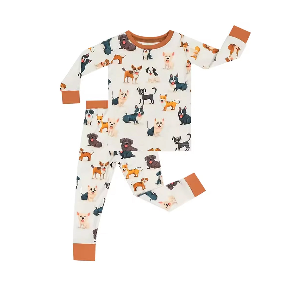 5.16custom each style moq 5eta 4-5week Sibling Sister puppy dog print brown boys outfits and baby romper match family design
