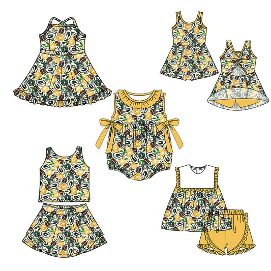 Custom moq 5 mix size milk silk summer teams Baby Girl Yellow Sleeveless Top And Shorts Set Sleeveless Skirt Set Yoga Dress Romper