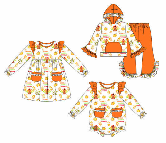 25.8.6 custom each style moq 5eta 4-6week Sibling Sisters pumpkin turkey baby girl long sleeve pants sets and dress and rompers match family design