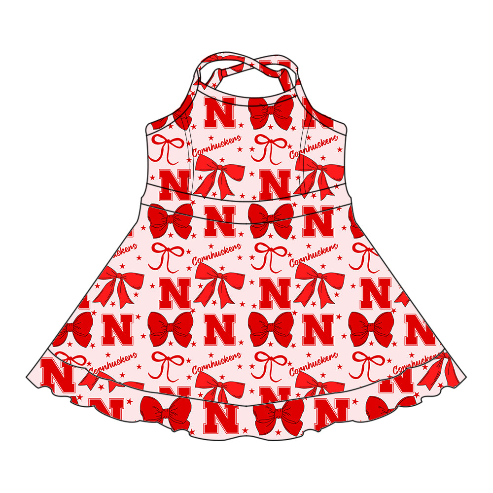Custom moq 5 mix size milk silk summer teams baby girls clothes team bow red sleeveless skirts sets and dress 1 and dress 2 and dress 3-25.6.26