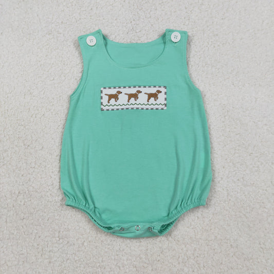 RTS NO MOQ（In Stock ) SR3559 Embroidered Puppy Blue-Green Vest Jumpsuit