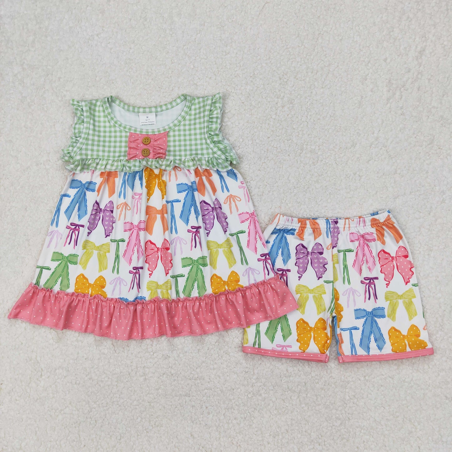 RTS NO MOQ ETA 5/7days Arrived GSSO2089 Colorful bow pattern polka dot lace green plaid sleeveless shorts set