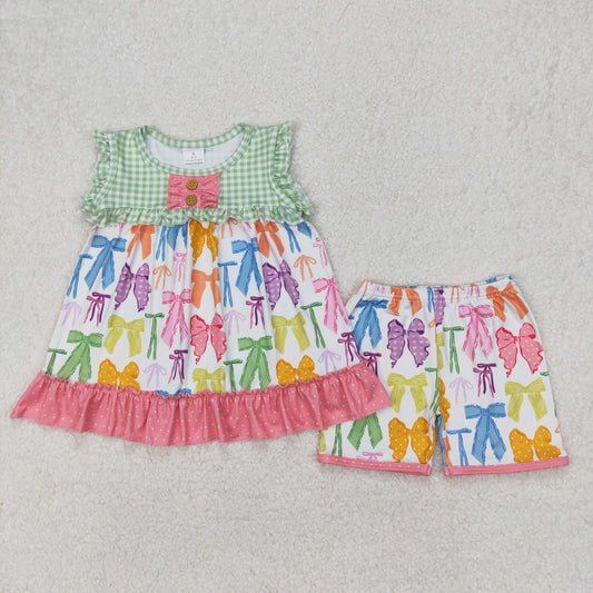 RTS NO MOQ ETA 5/7days Arrived GSSO2089 Colorful bow pattern polka dot lace green plaid sleeveless shorts set