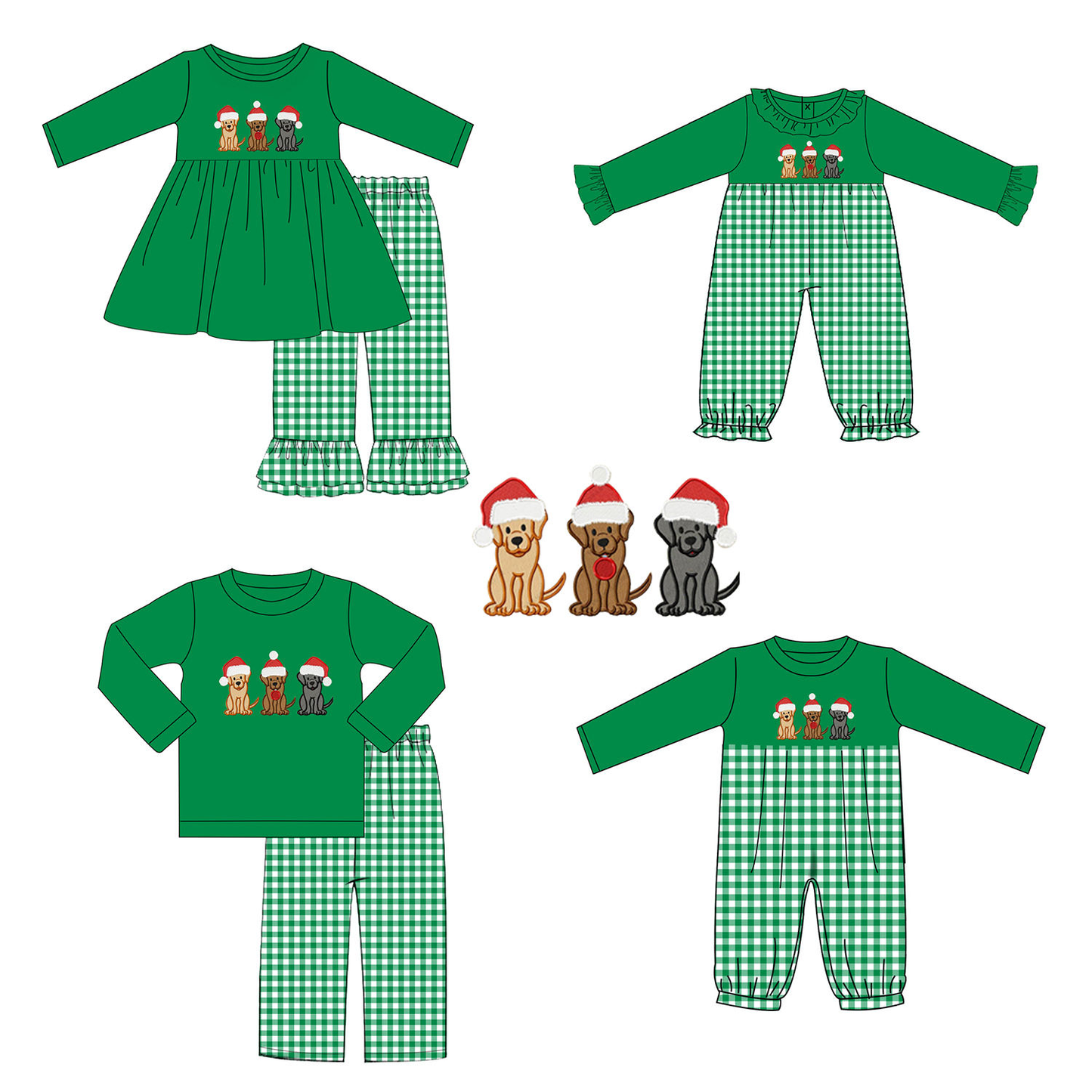 Custom moq 5 each style eta 6-7weeks baby girl clothes Christmas puppy green long sleeve pants set 2 and briefs sets and top-25.8.15