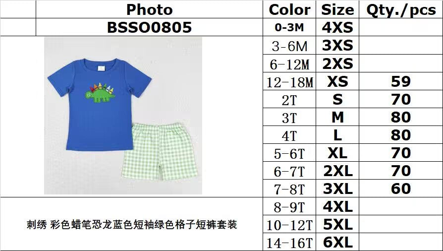 rts no moq BSSO0805 Embroidery Colorful Crayon Dinosaur Blue Short Sleeve Green Plaid Shorts Set