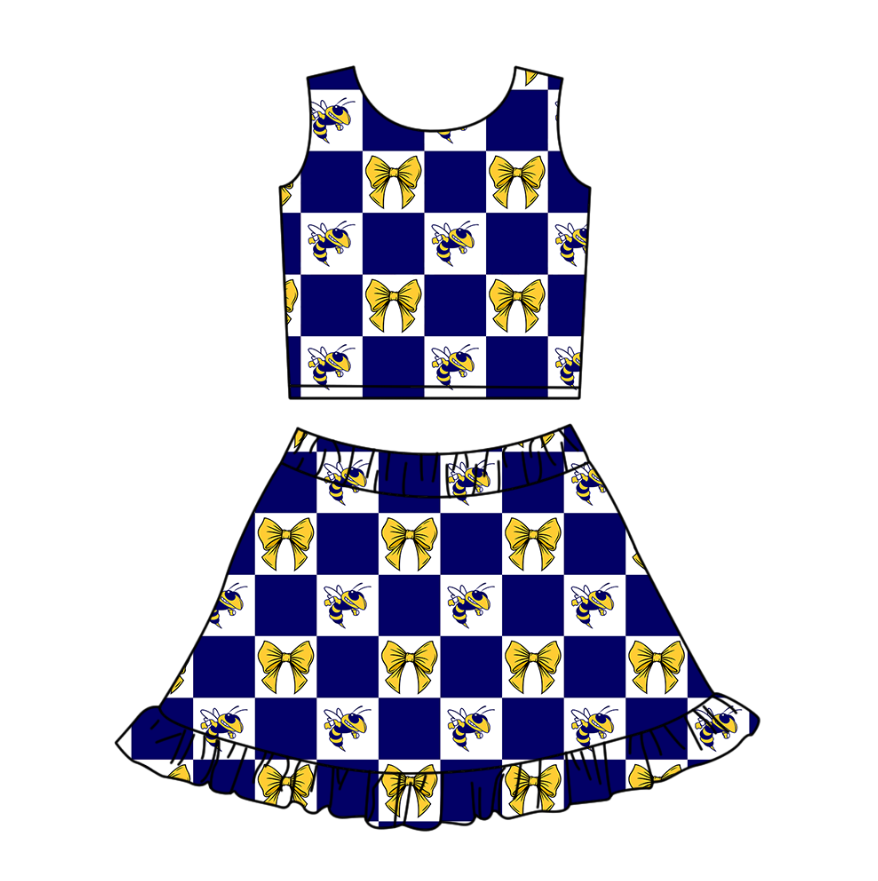 Custom moq 3 or 5 mix size milk silk summer teams baby girl clothes bow blue sleeveless skirts sets