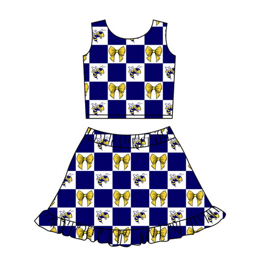 Custom moq 3 or 5 mix size milk silk summer teams baby girl clothes bow blue sleeveless skirts sets