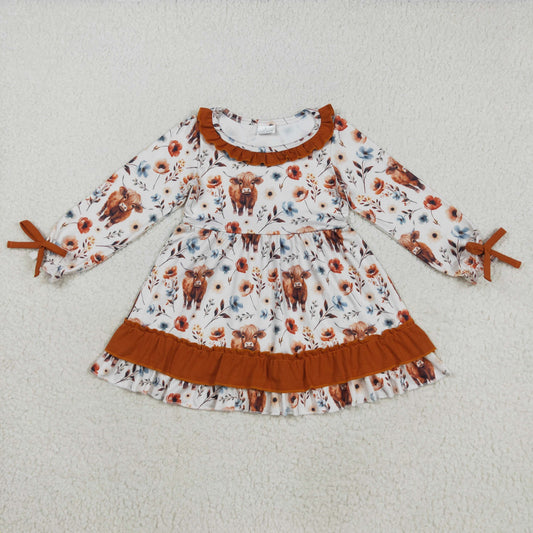RTS NO MOQ（In Stock) GLD0784 Beige long-sleeved dress with brown lace and alpine bull head flowers