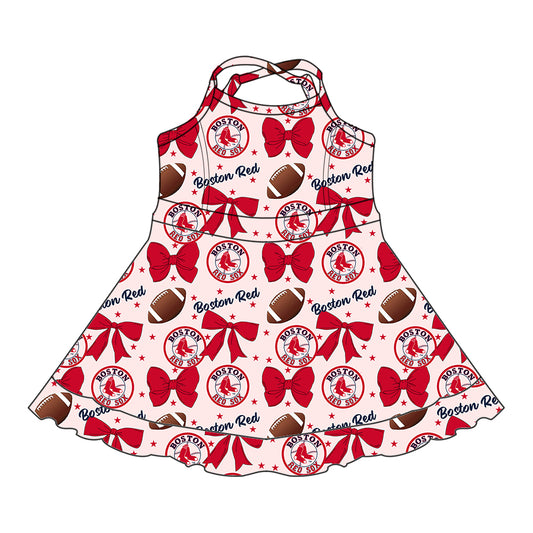 Custom moq 5 mix sizes summer teams baby girls clothes team baseball bow red sleeveless dress-25.6.14