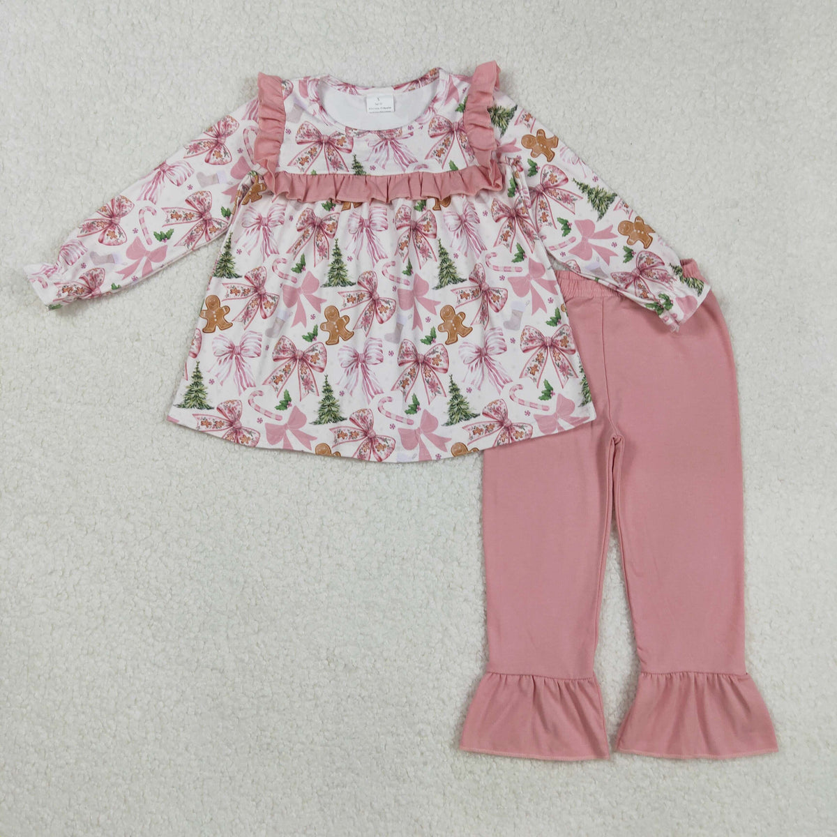 RTS NO MOQ（In Stock) GLP2541 Christmas gingerbread man bow with pink long-sleeved trousers