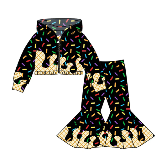 Custom moq 5 mix size milk silk summer teams baby girls clothes black hooded long sleeve pants sets-25.8.4
