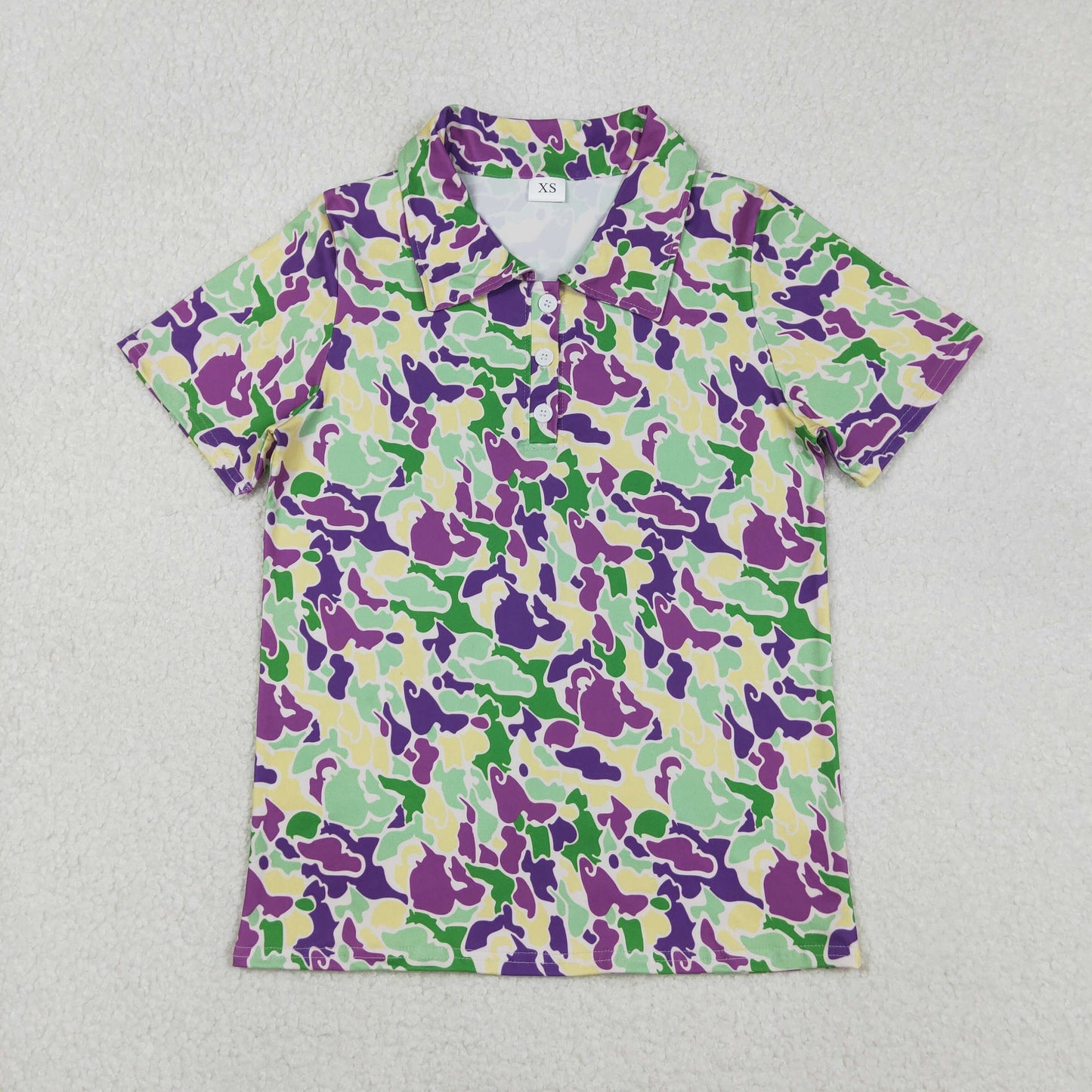 RTS NO MOQ（In Stock) BT1452 Adult Men's Carnival Green, Yellow, and Purple Camouflage Button Short-Sleeve Top