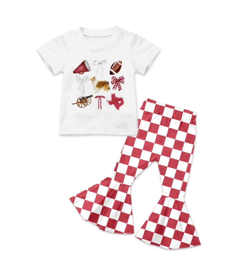 Custom summer teams baby girl clothes rugby bow red plaid short sleeve pants sets-25.8.16