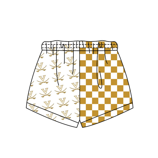 Custom moq 5 mix size milk silk summer teams Adult And Kids Yellow Checked Patchwork Summer Casual Shorts
