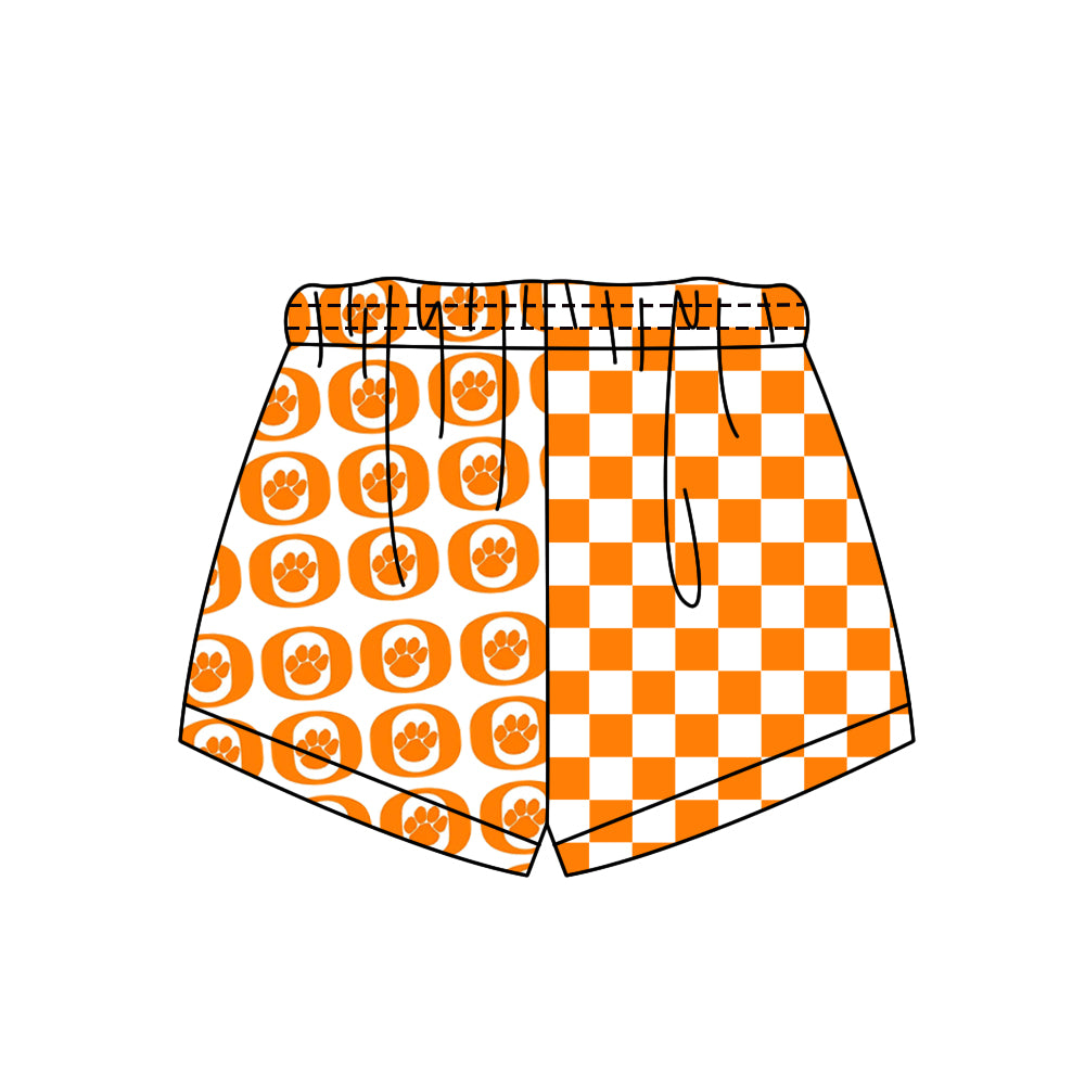 Custom moq 5 mix size milk silk summer teams Adult And Kids Orange Checked Patchwork Summer Casual Shorts