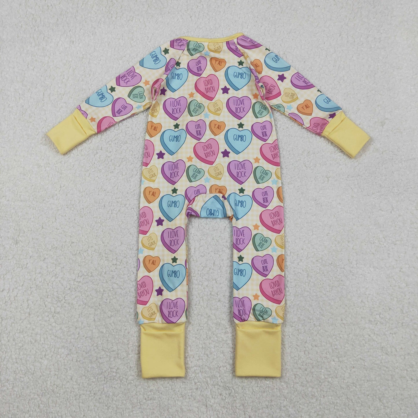 RTS NO MOQ（In Stock ) LR2778 Valentine's Day Letter Heart Beige Zipper Long-Sleeved Onesie