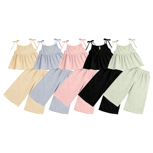 (Pre Order) No moq Baby Girls Strap Top with Pants Cotton Clothes Set Cute Baby Outfit