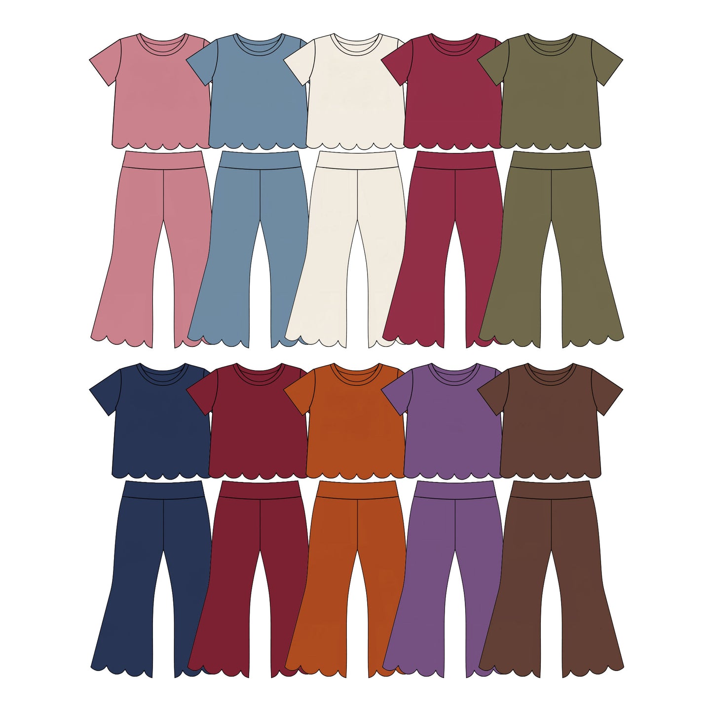 (Preorder new) No moq Baby Girls Solid Color Crew Neck Short Sleeve Top Pants Scallop Clothes Sets