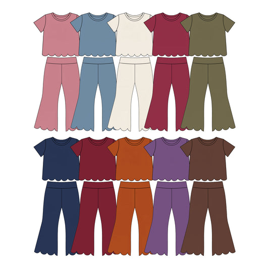 (Preorder new) No moq Baby Girls Solid Color Crew Neck Short Sleeve Top Pants Scallop Clothes Sets