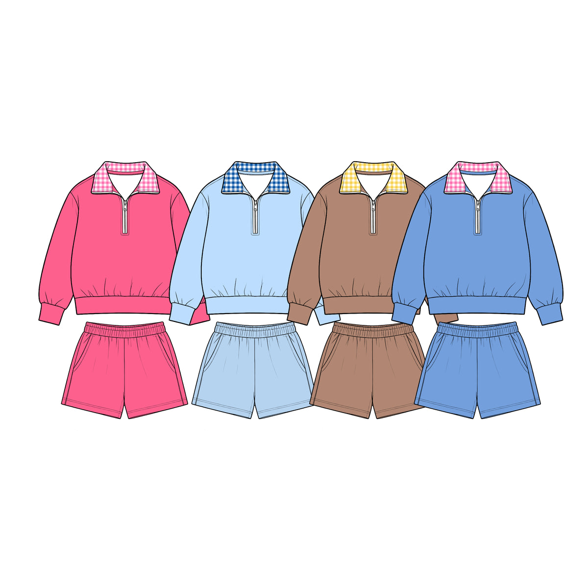(Preorder new) No moq Baby Girls Solid Color Long Sleeve Zip Pullovers Pockets Short Clothes Set