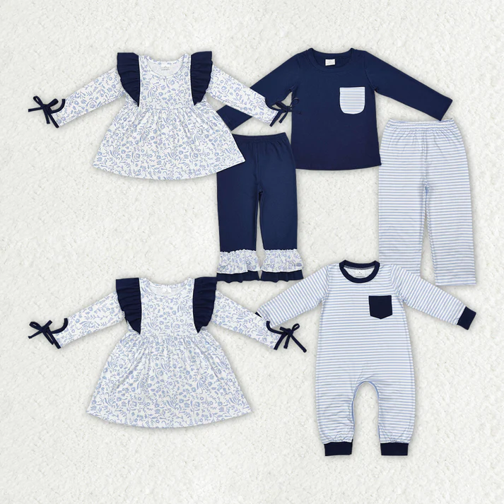 RTS NO MOQ Light blue and purple floral long sleeves with bowknot & dress & romper