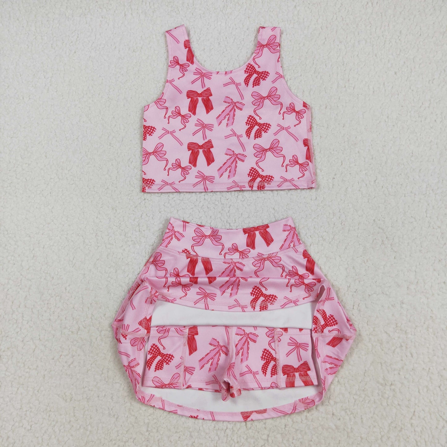 RTS NO MOQ（In Stock ) GSD2459 Pink Bow Pattern Tank Skirt Yoga Set