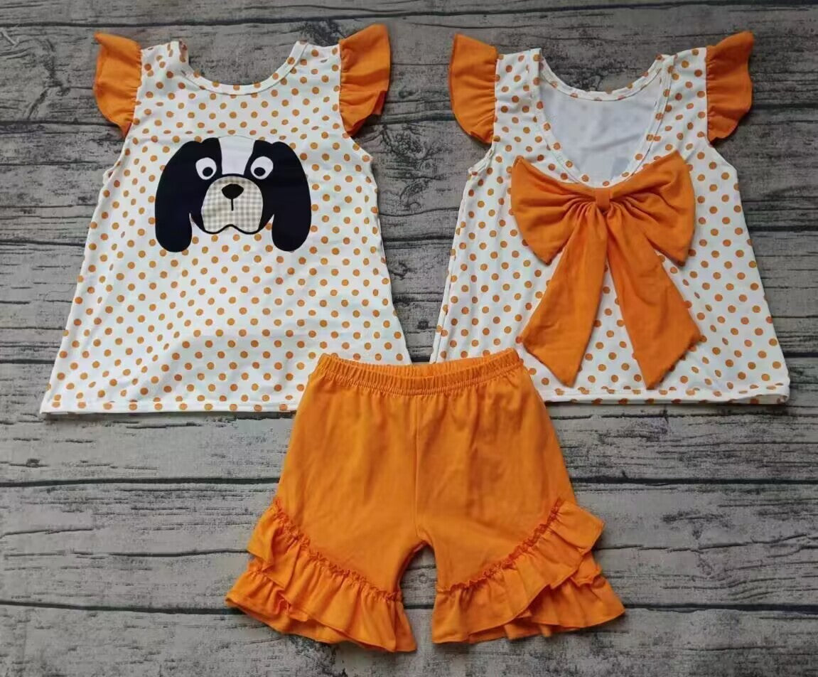custom moq 3 eta 6-7weeks Embroidered Puppy Pattern Orange Polka Dot Fly Sleeve Top and Ruffled Solid Color Shorts Set